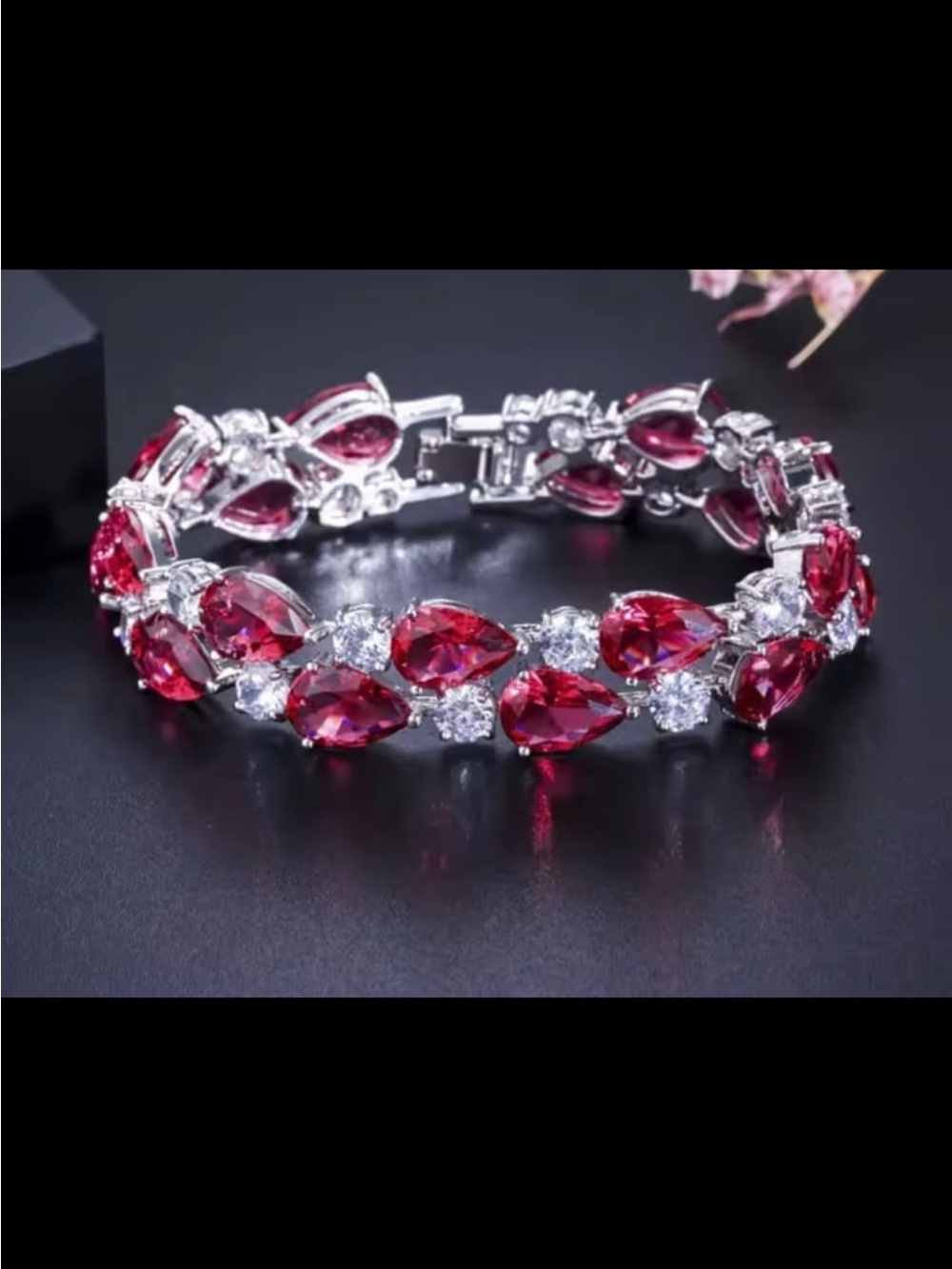 White and Ruby tear drop crystals AAA zirconia rhodium plated bracelet